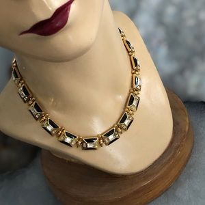 MONET Gold-Toned Black & Rhinestone Necklace, Signed